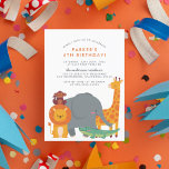Jungle Animals Tropical Friends Birthday Party Invitation<br><div class="desc">A bright, colorful design featuring a giraffe, an elephant, a lion, a monkey, and a crocodile huddled together at the bottom of the invite. Personalize with your party details at the top of the invite in modern script typography. These cards reverse to a vibrant tropical leaves pattern. Edit the text...</div>