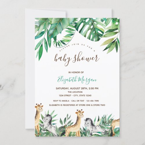 Jungle Animals Tropical Leaves Baby Shower Invitation