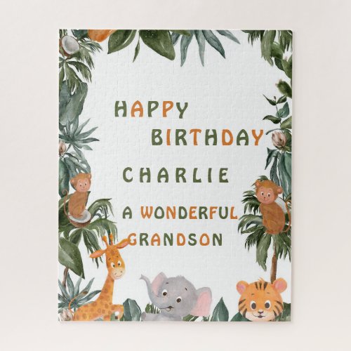 Jungle Animals Tropical Leaves Happy Birthday   Jigsaw Puzzle