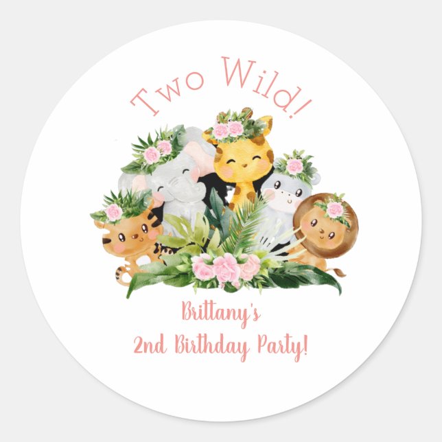 Jungle Animals Two Wild 2nd Birthday Party  Classic Round Sticker (Front)