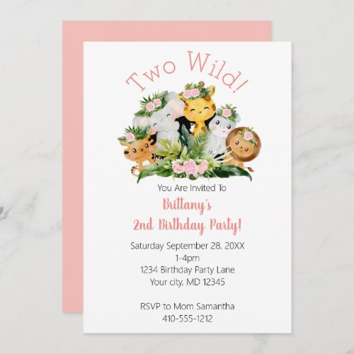 Jungle Animals Two Wild 2nd Birthday Party Invitation