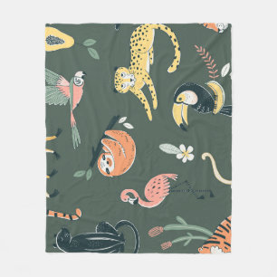 Jungle Animals Vintage Flora Fauna Fleece Blanket
