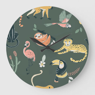 Jungle Animals Vintage Flora Fauna Large Clock