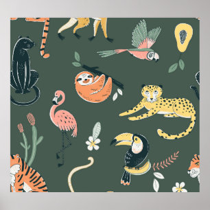 Jungle Animals Vintage Flora Fauna Poster