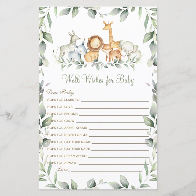 Jungle Animals Well Wishes for Baby Shower Game (Front)