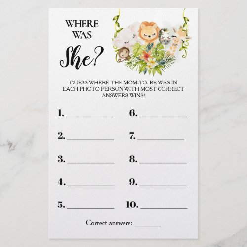 Jungle Animals Where was Mom Baby Shower Game Card Flyer