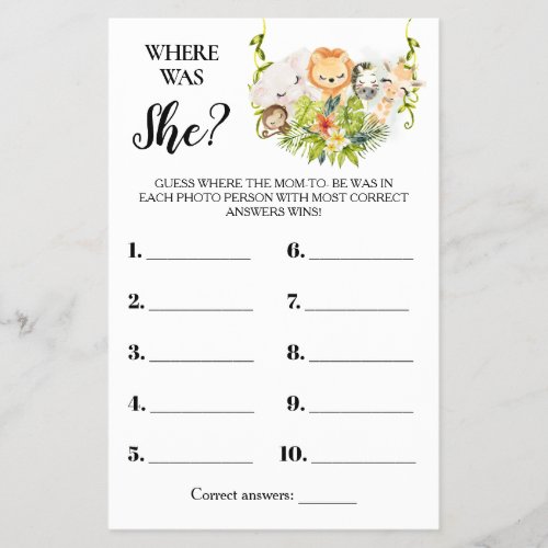 Jungle Animals Where was Mom Baby Shower Game Card Flyer