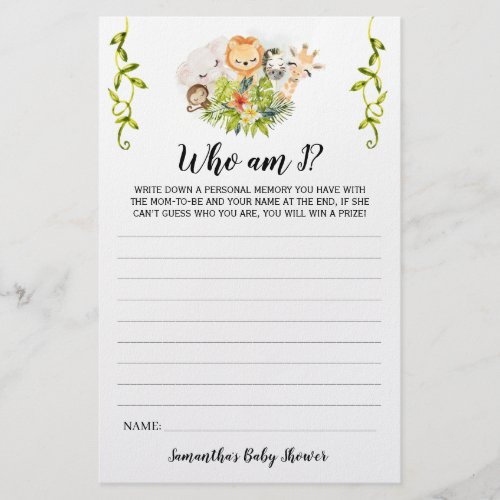 Jungle Animals Who am I Baby Shower Game Card Flyer