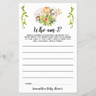Jungle Animals Who am I Baby Shower Game Card Flyer