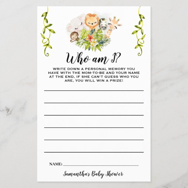 Jungle Animals Who am I Baby Shower Game Card Flyer (Front)