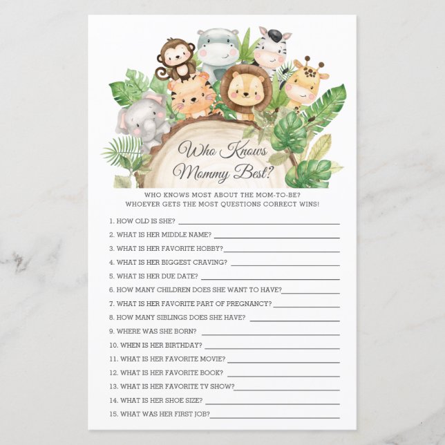 Jungle Animals Who Knows Mommy Best Shower Game (Front)