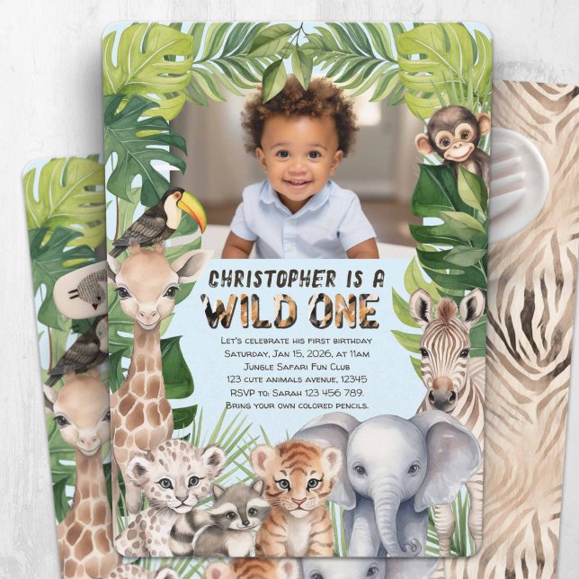 Jungle animals wild one 1st birthday photo invitation (Blue wild one invitation, Baby boy first birthday photo invitation. Jungle animals themed birthday.)