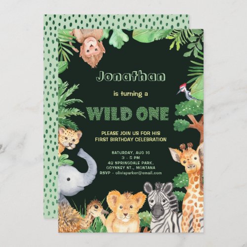 Jungle Animals Wild One First Birthday Invitation