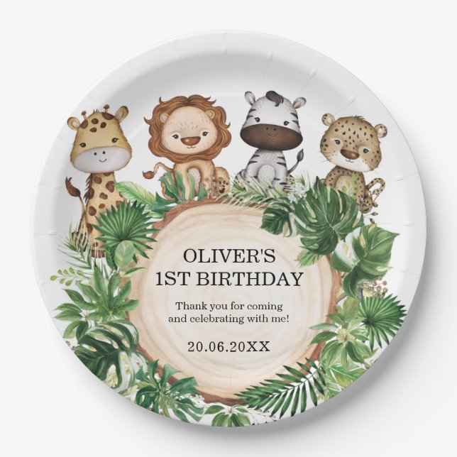 Jungle Animals Wild Safari Greenery Birthday Boy Paper Plates (Front)