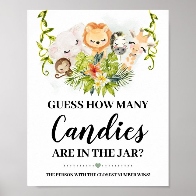 Jungle Animas How many Candies Baby Shower Game Poster (Front)