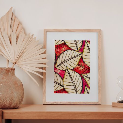 Jungle Art Big Tropical Leaves Red Orange Poster