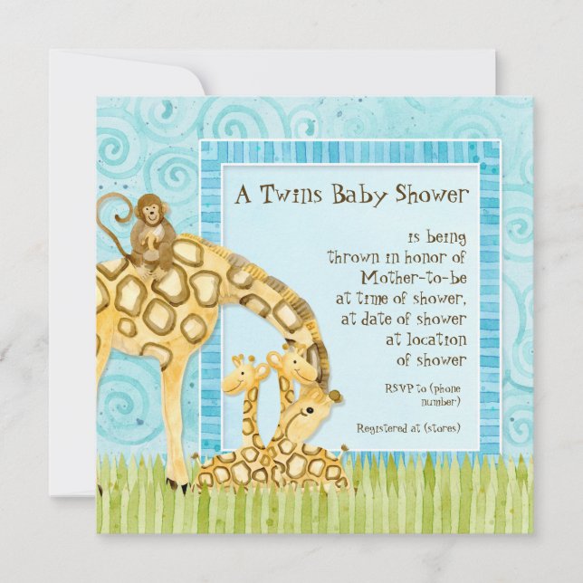 Jungle Babies Giraffe Baby Twins Shower Invitation (Front)
