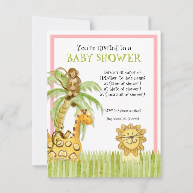 Jungle Babies, Girl Baby Shower Invitation - Green (Front)