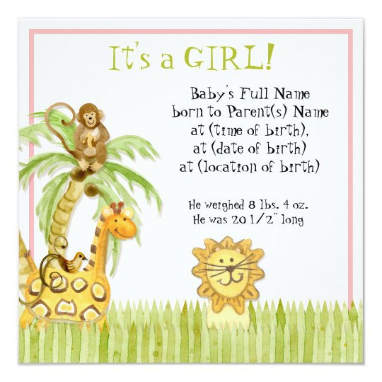 Jungle Babies, Girl Birth Announcement