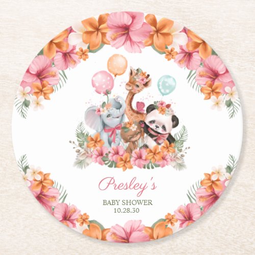 Jungle Babies Safari Floral Girl Baby Shower Round Paper Coaster