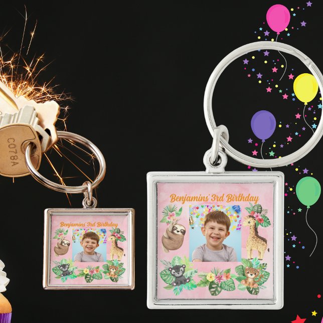 Jungle Baby Animals 3rd Birthday Photo Keychain (Creator Uploaded)