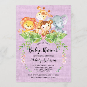 Jungle Baby Animals Girls Baby Shower Invitation