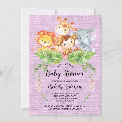 Jungle Baby Animals Girls Baby Shower Invitation