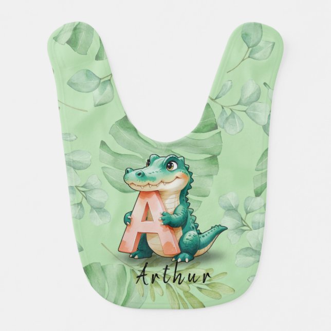 Jungle Baby Bib – Letter A Alligator – Custom Name (Front)