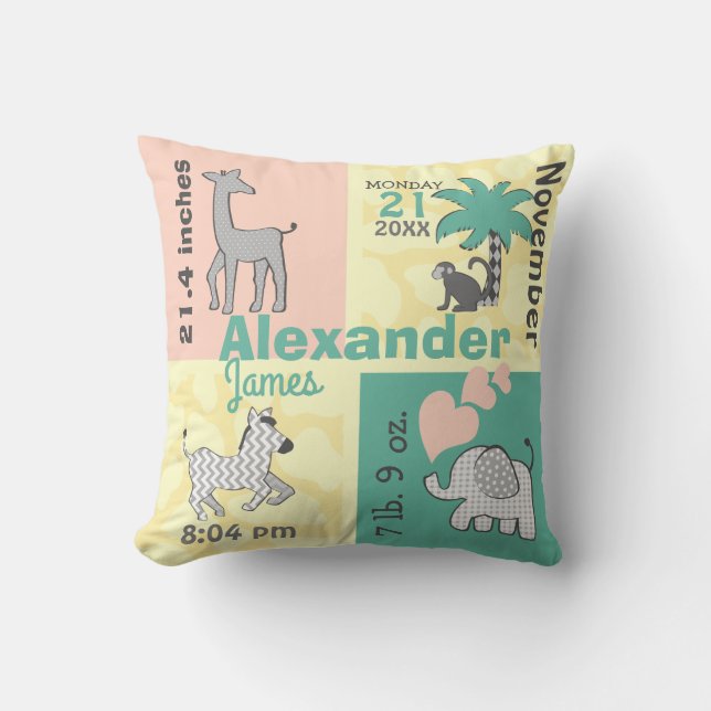 Jungle Baby Birth Stats Pillow (Front)