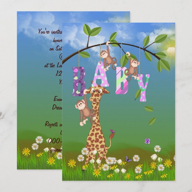 Jungle Baby Girl Shower Invitation (Front/Back)