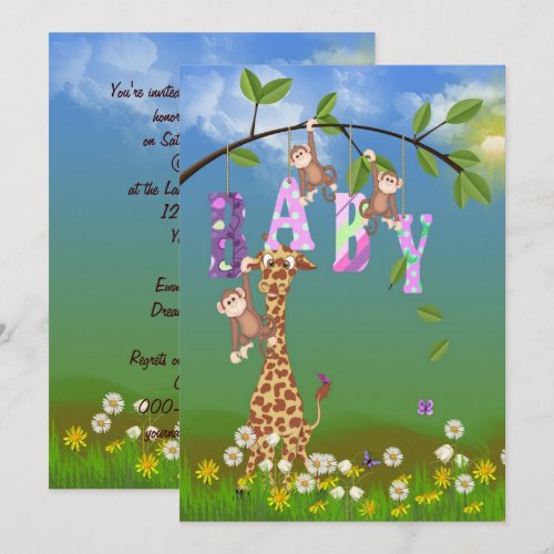 Jungle Baby Girl Shower Announcements