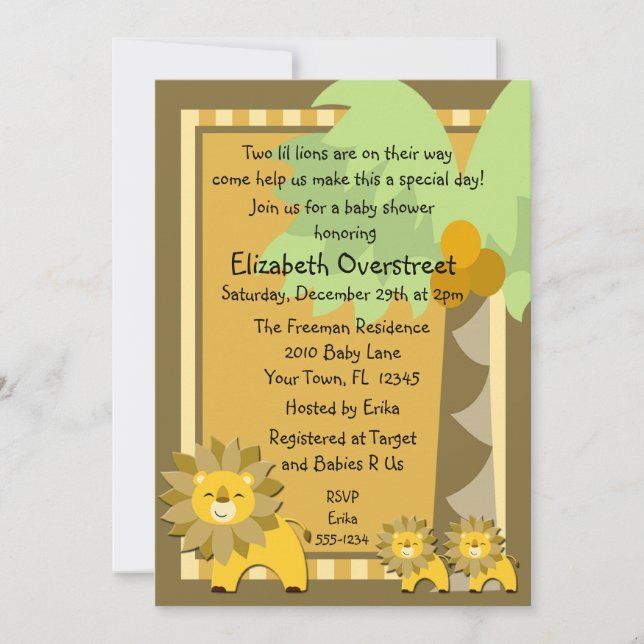 Jungle Baby Lion Twins Shower Party Zoo Safari Invitation (Front)