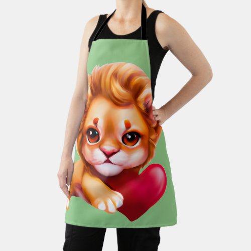 Jungle Baby Lion with a Red Heart Apron