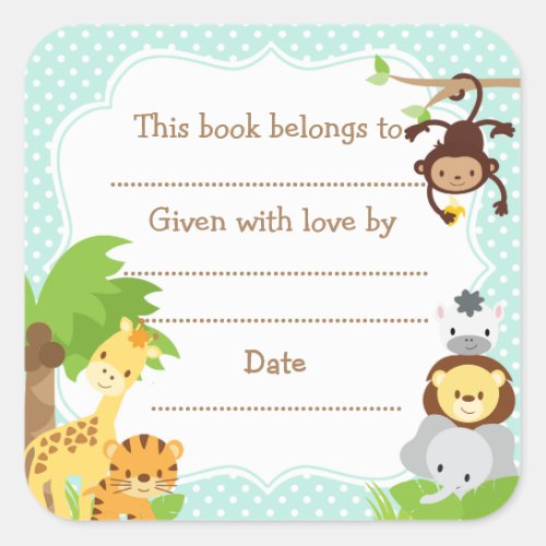 Jungle Baby Shower Bookplate sticker blue