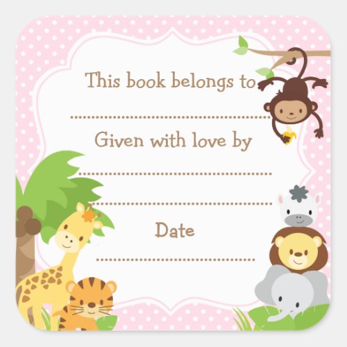 Jungle Baby Shower Bookplate sticker pink