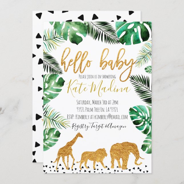 Jungle baby shower invitation Gold Animals (Front/Back)