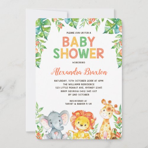 Jungle Baby Shower Invitation Safari Lion Elephant