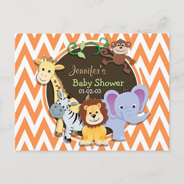 Jungle Baby Shower; Orange and White Chevron Invitation Postcard (Front)