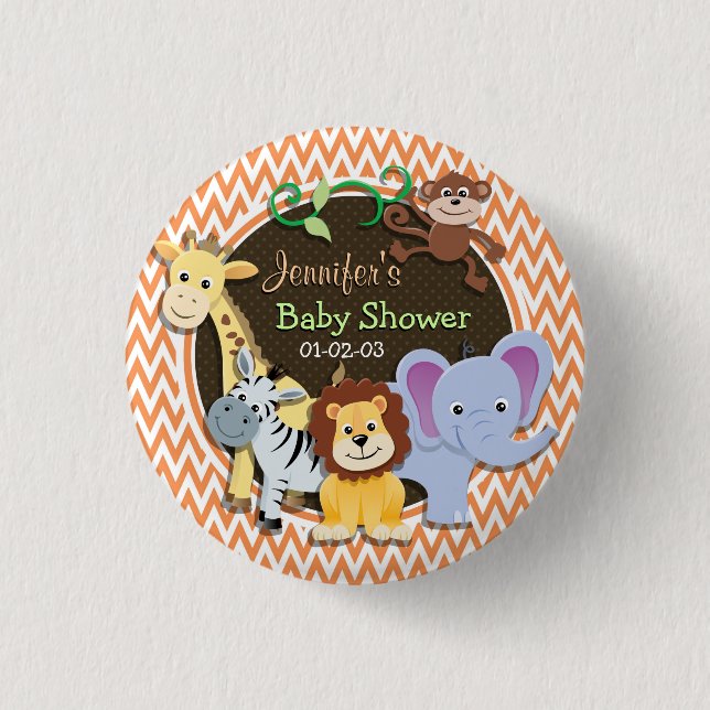Jungle Baby Shower; Orange and White Chevron Pinback Button (Front)