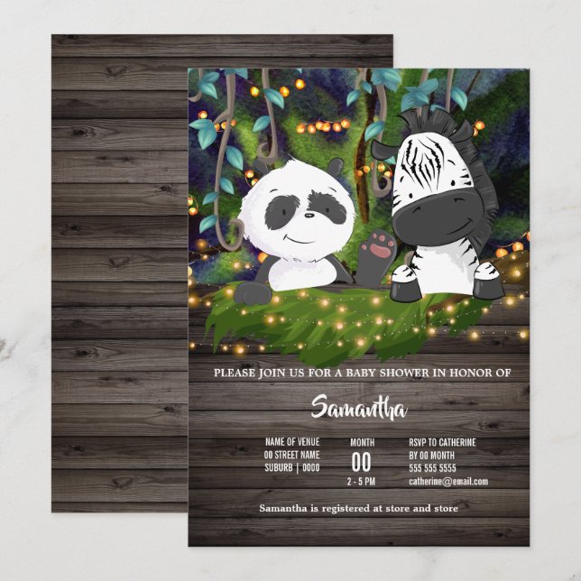 Jungle baby zebra panda bear vine greenery lights invitation (Front/Back)