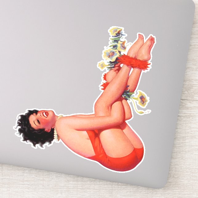 Jungle Bell Pin-up Brunette in Red Swimsuit Sticker (Detail)