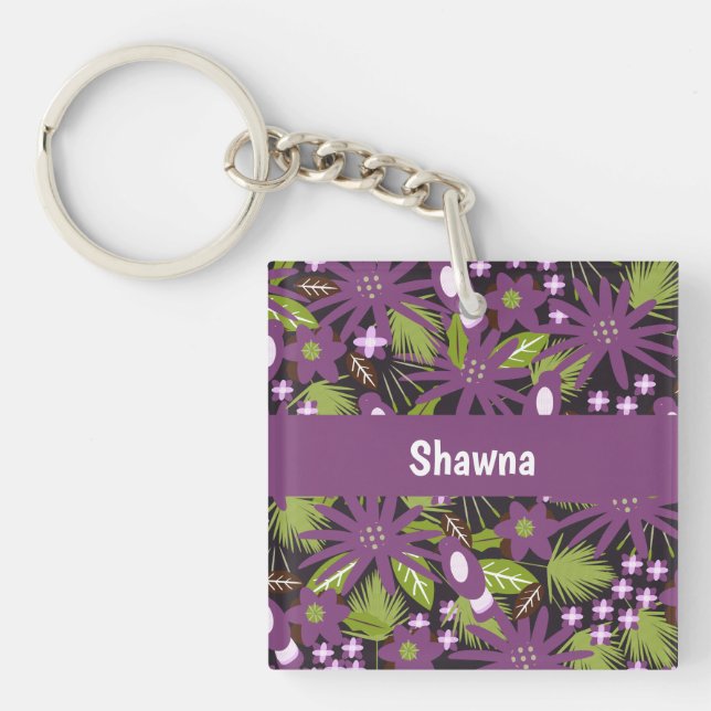 Jungle Bird Pattern Purple Greenery   Keychain (Front)