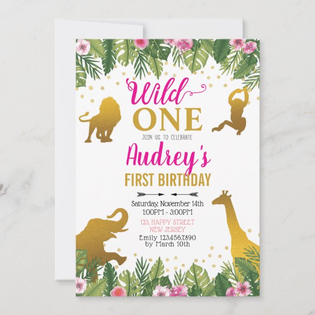 Jungle Birthday Invitation. Girl first Birthday Invitation (Front)