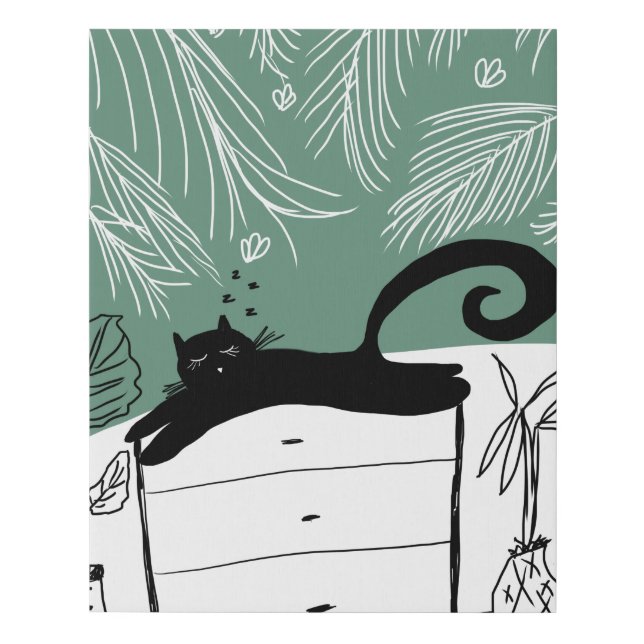 Jungle Black Cat Tropical Plants Illustration Art Faux Canvas Print (Front)