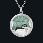 Jungle Black Cat Tropical Plants Illustration Silver Plated Necklace<br><div class="desc">Illustration of a Black cat sleeping on a dresser in a jungle room on a necklace</div>