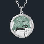Jungle Black Cat Tropical Plants Illustration Silver Plated Necklace<br><div class="desc">Illustration of a Black cat sleeping on a dresser in a jungle room on a necklace</div>