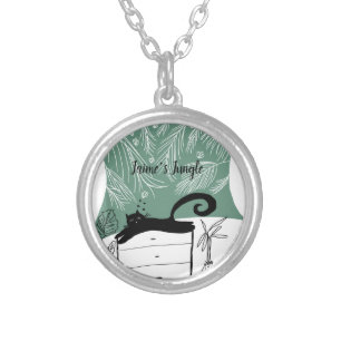 Jungle Black Cat Tropical Plants Illustration Silver Plated Necklace