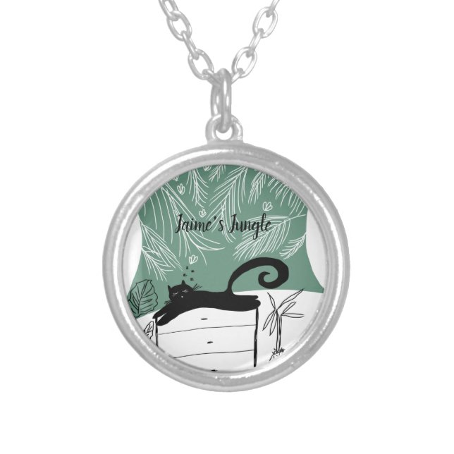 Jungle Black Cat Tropical Plants Illustration Silver Plated Necklace (Front)
