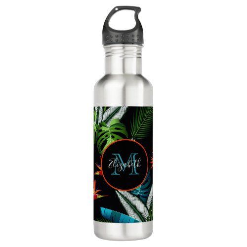 Jungle black green foliage monogram stainless steel water bottle