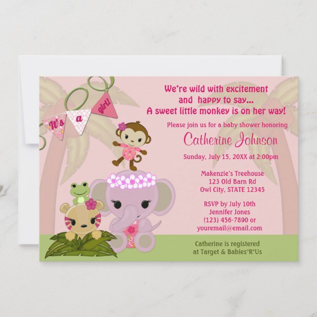Jungle Blossom Tails Baby Shower Invitations GIRL (Front)